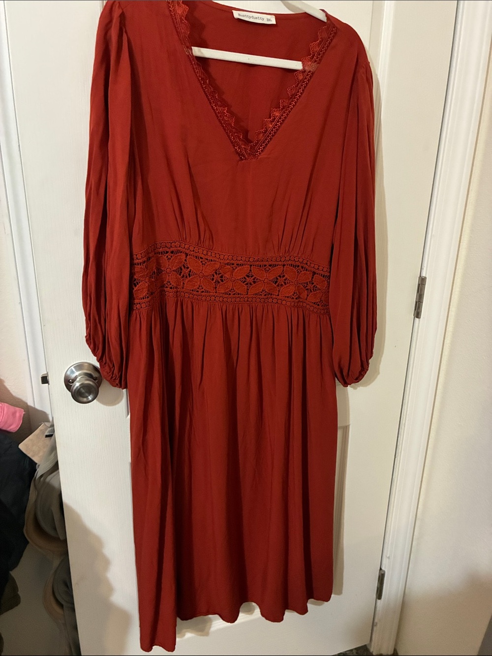 V-Neck Long Sleeve Crochet Waist Maxi Dress in Rust